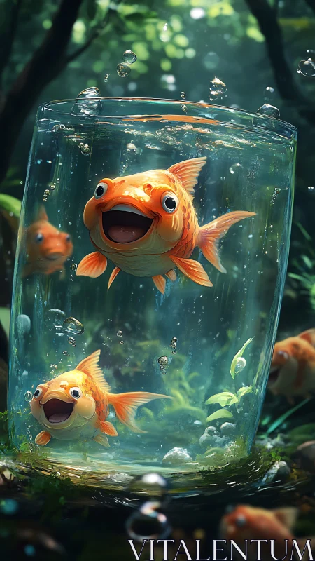 Joyful goldfish swirl inside a glass pond of forest light