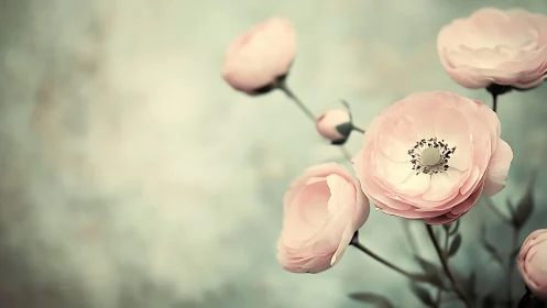 Delicate Ranunculus Blooms with Layered Petals in Soft Focus.