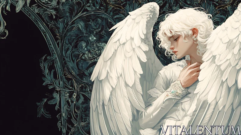 Baroque-inspired white winged angelic figure in side profile
