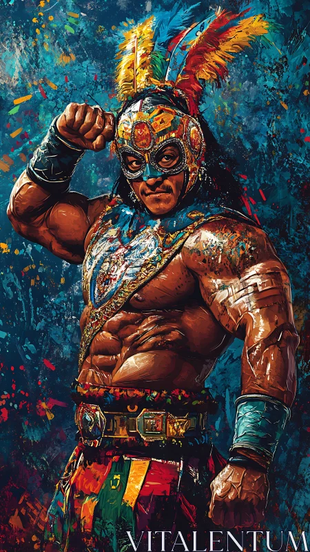 Masked warrior in feathered headdress and ceremonial belt.