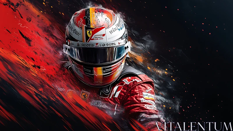 Racing driver erupts through blazing red abstract motion.