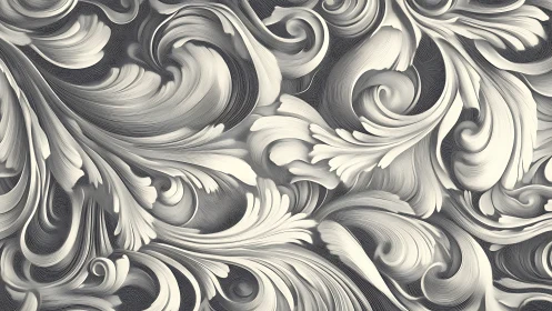 Monochrome baroque scrollwork in flowing digital relief pattern.