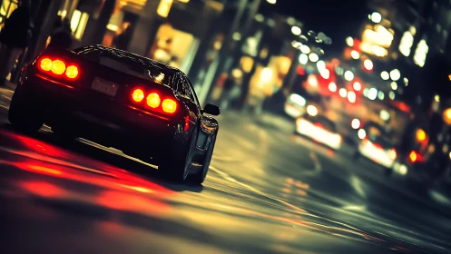Night street supercar with glowing taillights in motion.