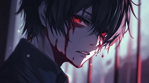 Haunted boy with blood-red eyes stares through fading twilight