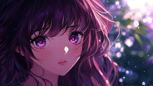 Purple bokeh portrait of luminous anime girl at twilight