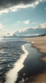 Gentle surf tracing a quiet shoreline beneath soft clouds.