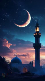 Crescent moon aligns above illuminated mosque minaret at dusk