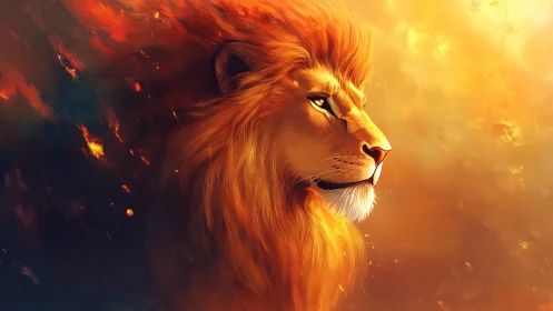 Golden lion profile in vivid fiery digital painting.