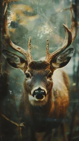 Stag with full antlers in soft forest background portrait.