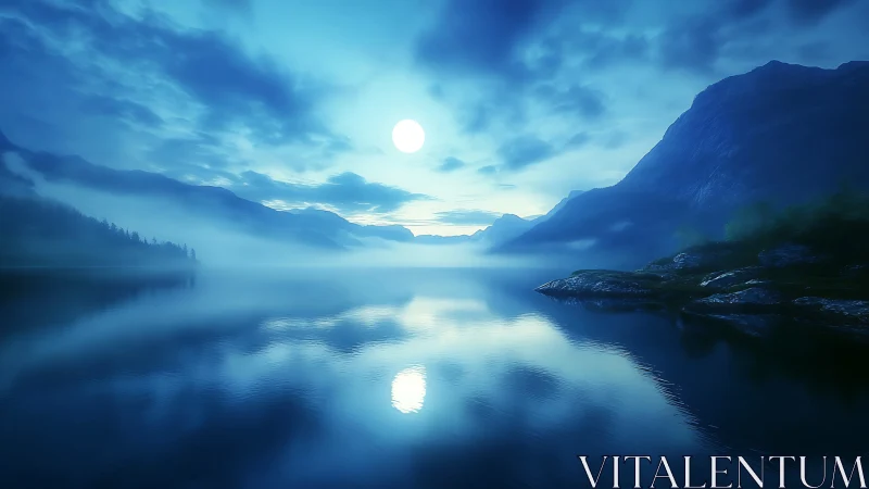 Moonlit mountain lake reflects misty blue twilight sky