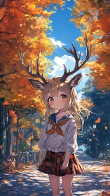 Deer-eared schoolgirl standing on sunlit autumn pathway.