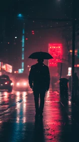 Solitary figure under umbrella crosses neon‑lit rainy avenue