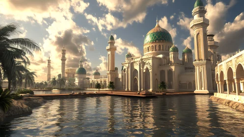 Lakeside mosque with domes and minarets at sunset light.