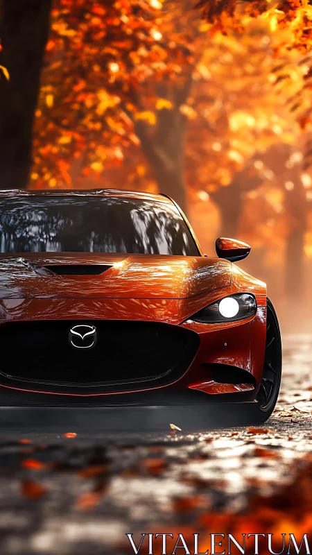 Sporty red Mazda coupe glows along a sunlit autumn avenue