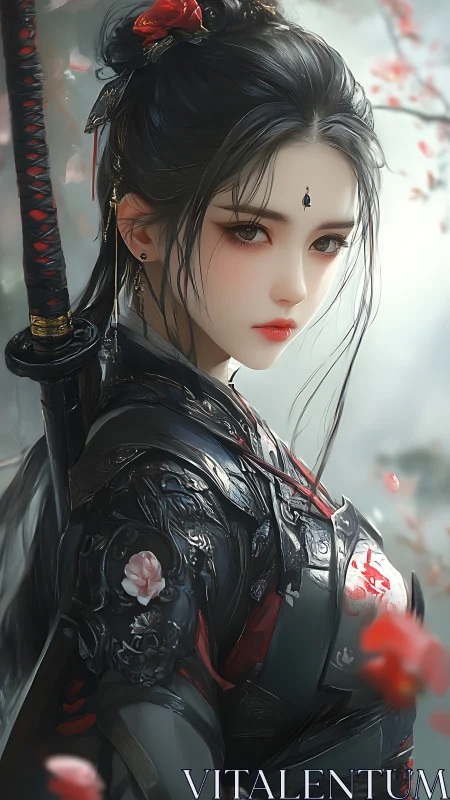 Armored samurai woman in ornate lacquered cuirass under soft bokeh light