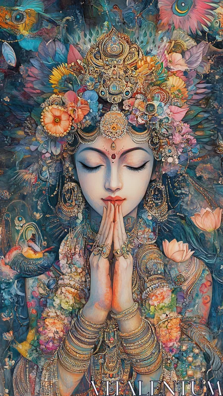 Ornate female figure in prayer pose with floral headdress.