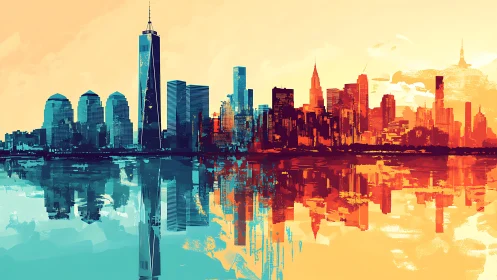 Color-blocked city skyline with mirrored water reflection.