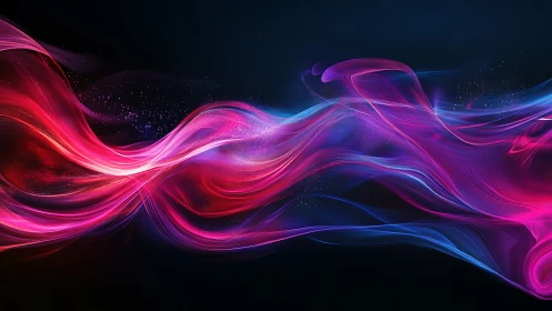 Luminescent magenta and blue light waves flow through darkness.