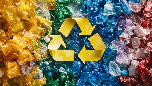 Photorealistic plastic recycling symbol within chromatic matrix.