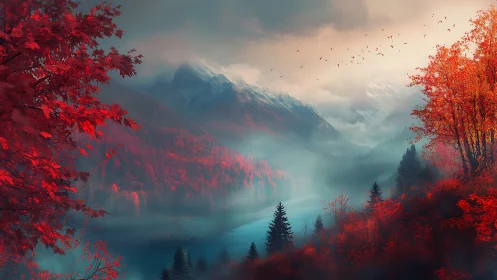Crimson forests and misty mountains around a quiet blue lake.