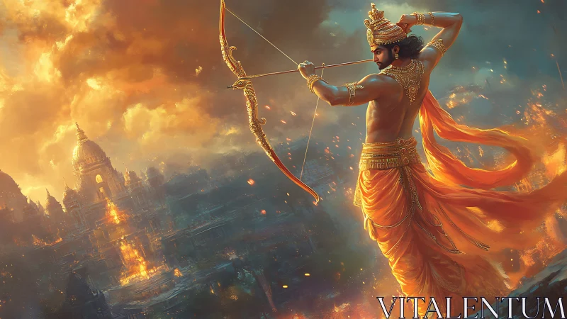 Mythic archer in ornate attire overlooking burning cityscape.