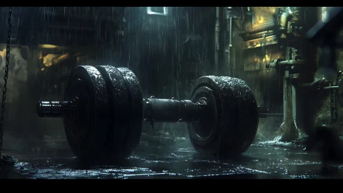Cinematic photoreal barbell in rain-soaked industrial setpiece.