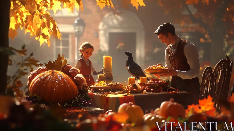 Autumn courtyard table with pumpkins, figures and black bird.
