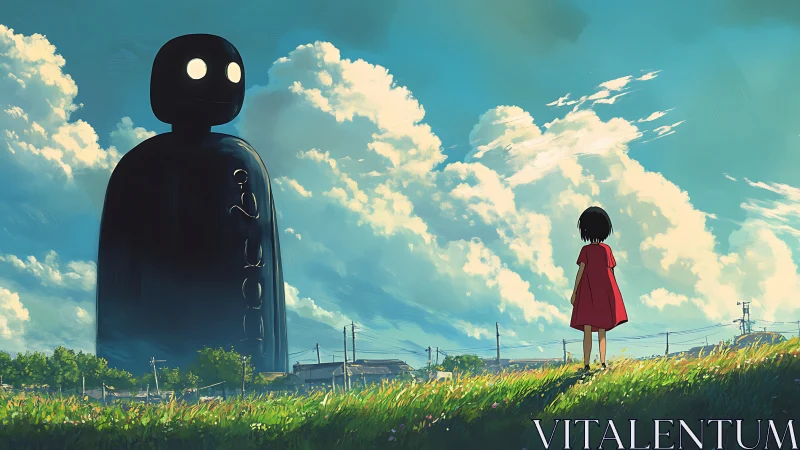 Girl in red meets a gentle giant under a summer sky.