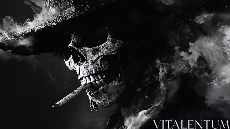 Smoldering skull cowboy in dark monochrome smoke portrait.