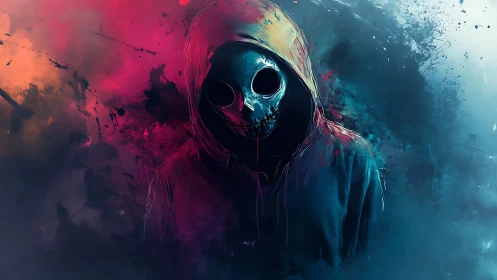 Digital painting of hooded skull figure in neon chaos field.