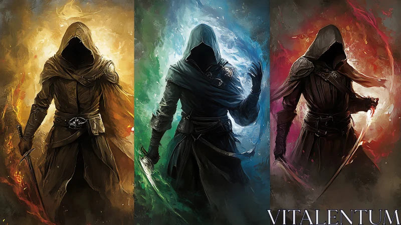 Elemental hooded warriors stride through swirling arcane fire.