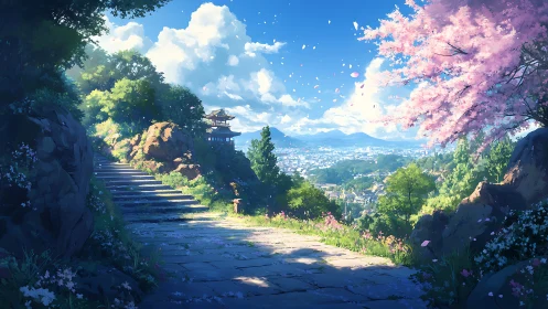 Sunlit temple path above a spring valley panorama.