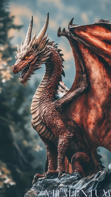 Red scaled dragon on rocky outcrop in forest setting.