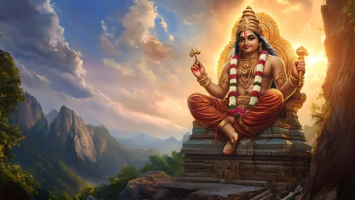 Seated Hindu deity glows above mountain valley at sunset