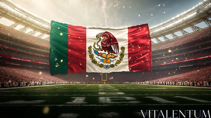 Mexican national flag suspended above illuminated football stadium