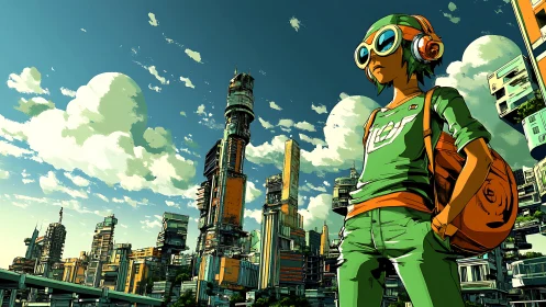 Neon city scout with headphones surveys layered skyline.