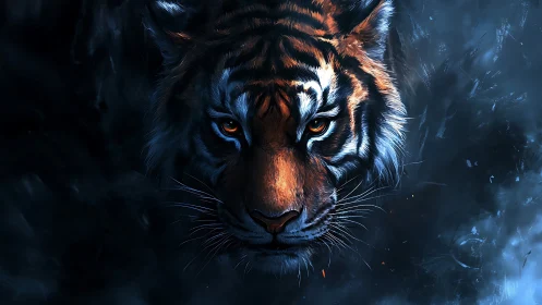 Tiger eyes blaze through shadowed blue mist at night.