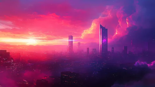 Neon dusk megacity skyline in luminous cyberpunk gradient.