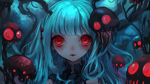 Otherworldly girl meets glowing red spirits in a dark forest