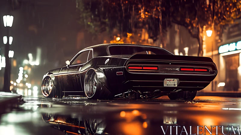 Modified black muscle car on wet city street at night.