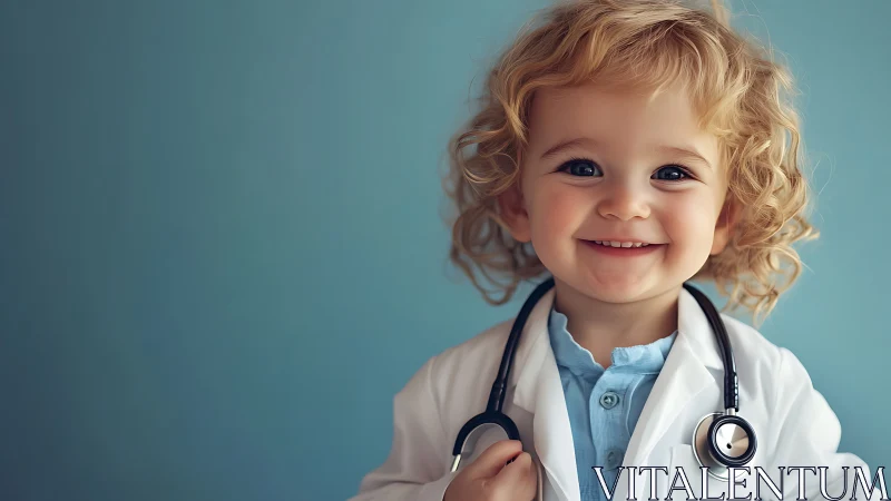 Young child in white medical coat with stethoscope against blue background.