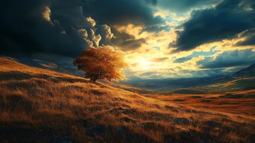 Solitary ember tree holds the last light before the storm