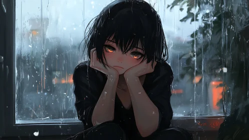 Melancholic anime girl by rainy window with city lights.