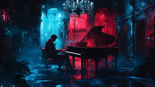 Solitary pianist performs under neon light in ruined hall