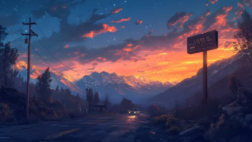 Cinematic mountain highway at dusk with volumetric sky lighting