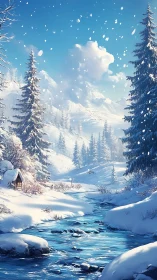 Snowflakes drift as a sapphire river threads through winter