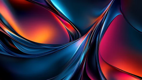 Abstract curved metallic forms with neon gradient lighting.