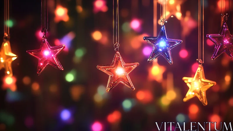 Glass star ornaments are suspended before defocused lights.