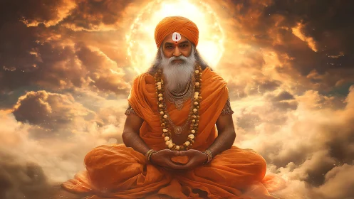 Seated orange-robed elder in clouds before bright sun disc.
