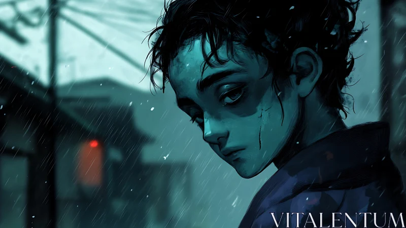 Rain-soaked youth with cyan skin tones under moody backlight